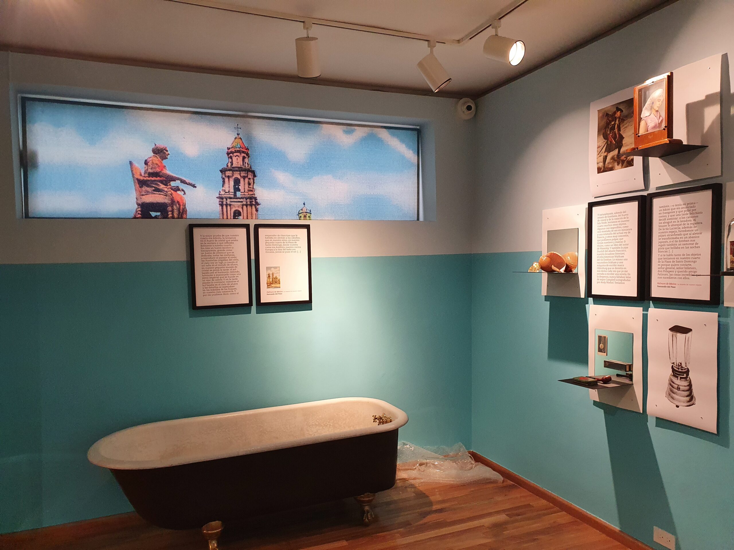 Sala en la que se puede observar una bañera y en las 
              paredes se muestran cuadros con textos e ilustraciones.